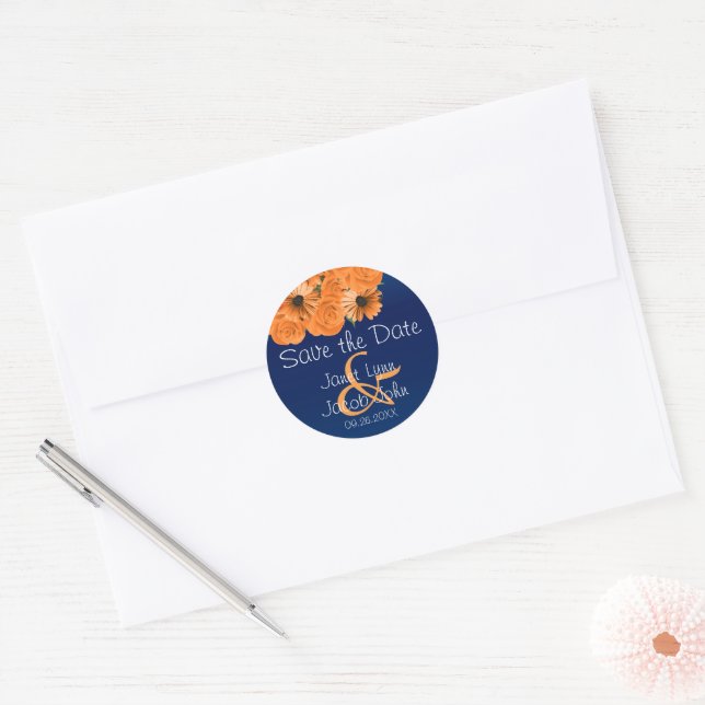 Sticker Rond Enregistrer la date - Beau Rose orange et bleu mar (Enveloppe)