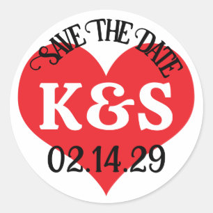 Sticker Rond ENREGISTRER LA DATE Cœur Rouge Et Vos Initiales Ma