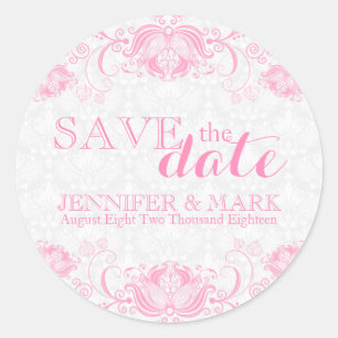 Sticker Rond Enregistrer la date Damas blanches et dentelle ros
