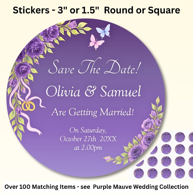 Sticker Rond Enregistrer La Date - Fleurs De Mauve Violet & Bla (Créateur téléchargé)