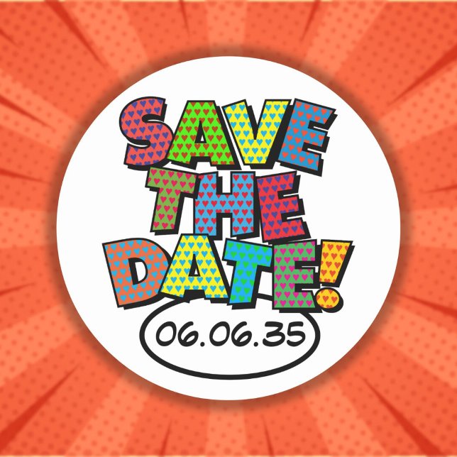 Sticker Rond ENREGISTRER LA DATE Fun Retro Comic Book Pop Art (SAVE THE DATE Fun Retro Comic Book Pop Art Classic Round Sticker)