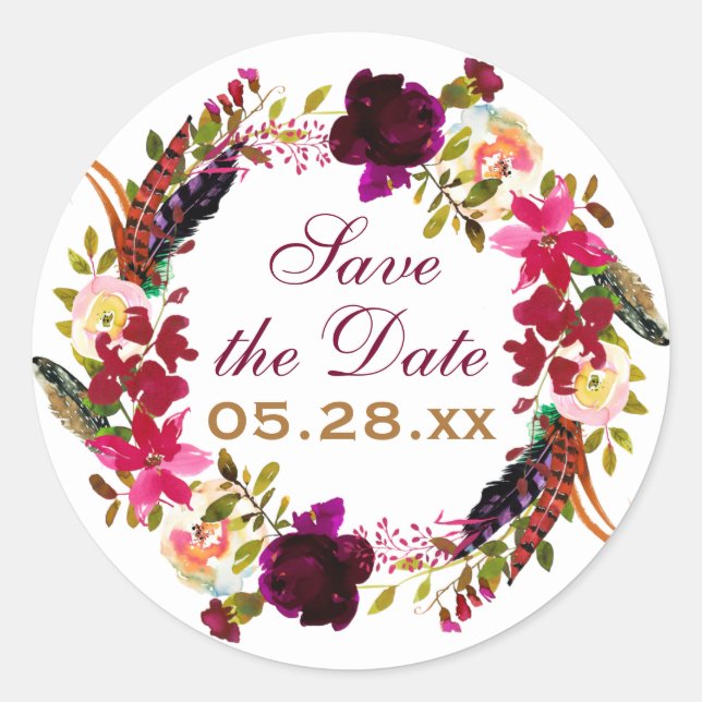 Sticker Rond Enregistrer l'autocollant de date - Floral Bourgog (Devant)