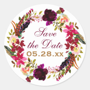 Sticker Rond Enregistrer l'autocollant de date - Floral Bourgog