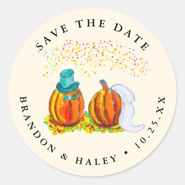 Sticker Rond Enregistrer les Citrouilles Mariage date (Devant)