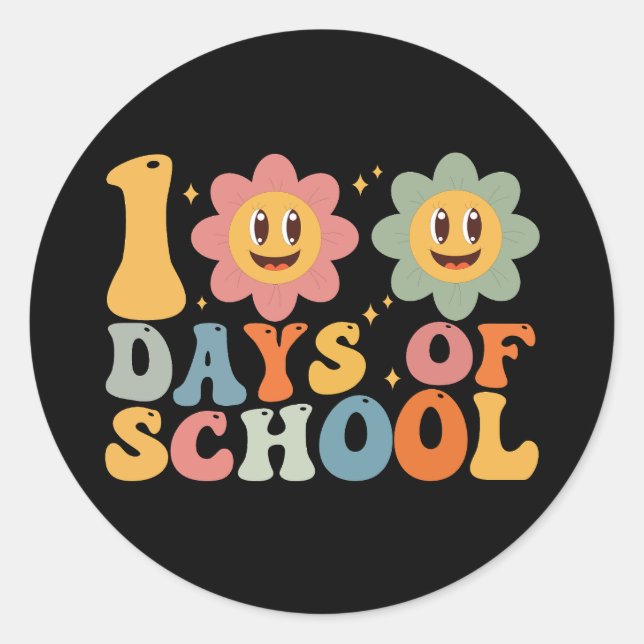 Sticker Rond Enseignant Enfants Rétro Groovy 100 Jours D'école  (Devant)