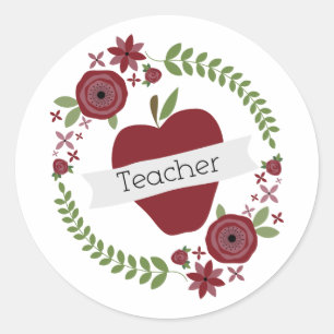 Sticker Rond Enseignant Floral Wreath & Red Apple