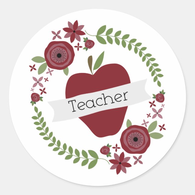 Sticker Rond Enseignant Floral Wreath & Red Apple (Devant)