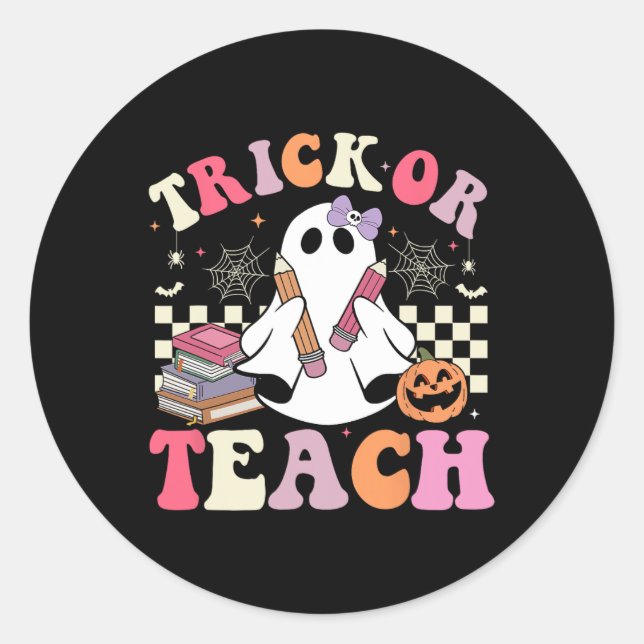 Sticker Rond Enseignant super Halloween Trick Ou Enseigner Retr (Devant)