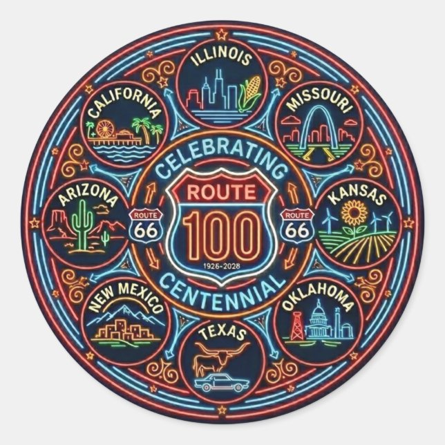 Sticker Rond Enseigne néon Centennial Route 66 (Devant)