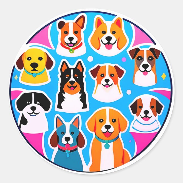 Sticker Rond Ensemble de chiens adorables (Devant)