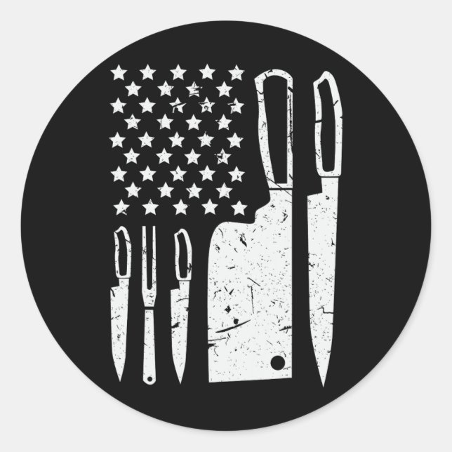 Sticker Rond Ensemble de couteaux de chef Chemise Drapeau améri (Devant)