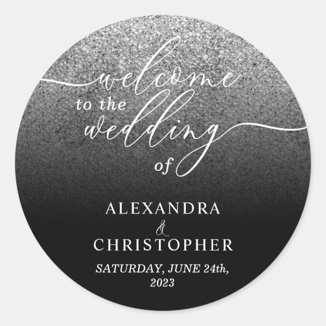 Sticker Rond Ensemble de mariage Glitter Silver Sparkle Welcome (Devant)