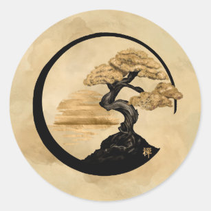 Sticker Rond Enso Zen Circle Bonsai - Golden Sunrise