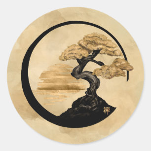 Sticker Rond Enso Zen Circle Bonsai - Golden Sunrise