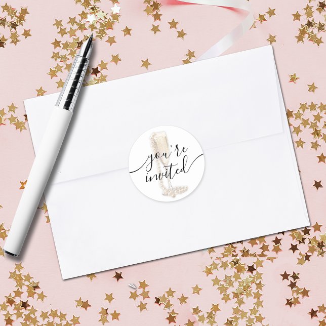 Sticker Rond Enterrement de vie de jeune fille Perles & Prosecc (Pearls & Prosecco bridal shower envelope seal stickers)