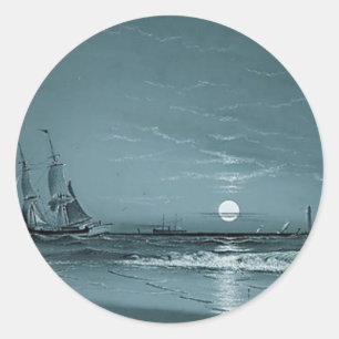 Sticker Rond Entrée du port au clair de lune de Marcus Larson-1