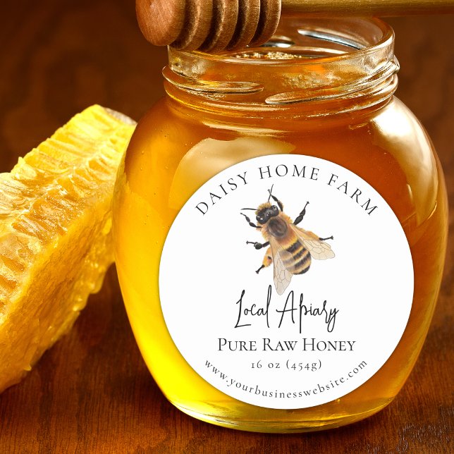 Sticker Rond Entreprise Apicole de Ruches à Miel Moderne en Pot (Custom Simple honeybee apiary pure raw honey jar product label)
