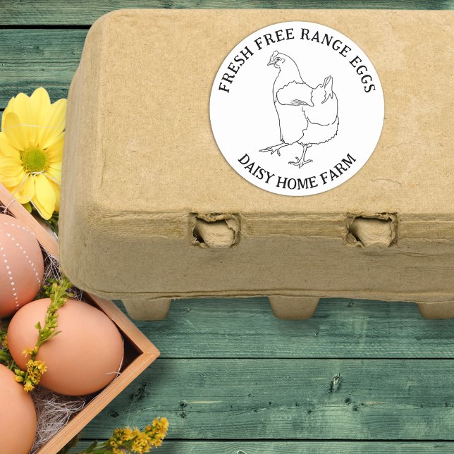 Sticker Rond Entreprise d'œufs frais (Fresh free range chicken eggs custom sticker with simple hen line drawing )