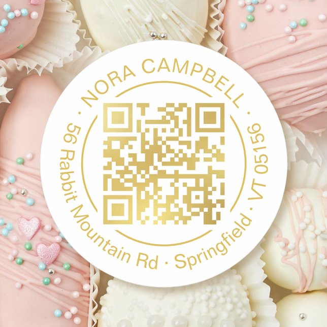 Sticker Rond Entreprise Gold QR Code Nom Adresse Promotionnelle (Modern, professional gold QR code, elegant circle frame and business name and address round sticker.)