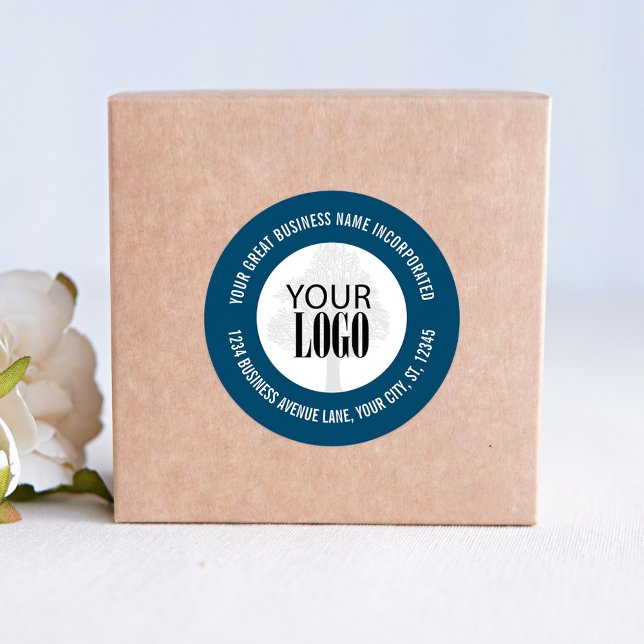 Sticker Rond Entreprise Promotionnel Ajoutez Votre Logo Bleu (Add your logo blue and white business sticker. )