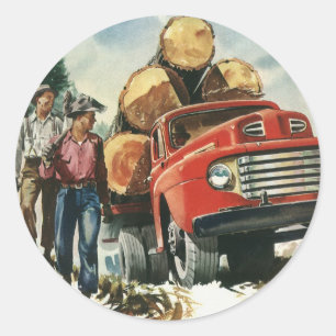 Sticker Rond Entreprise Vintage, Camion de Bois avec Bûcherons