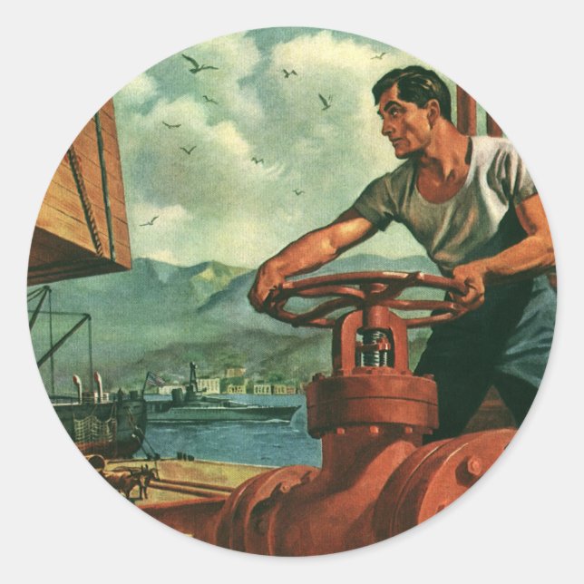 Sticker Rond Entreprise Vintage, navire pétrolier avec docker (Devant)
