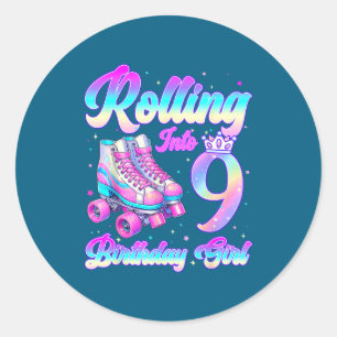Sticker Rond Entrer en patins à roulettes à 9 ans pour un 9e an