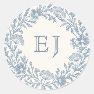 Sticker Rond Enveloppe à monogramme avec Pervenche sauvage et i