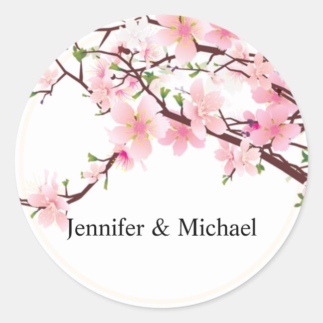 Sticker Rond Enveloppe cerise en fleurs Faire-part de mariage d (Devant)