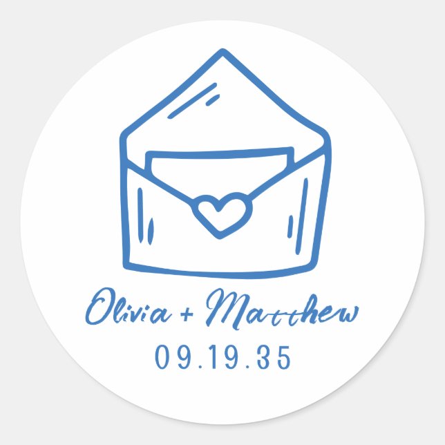 Sticker Rond Enveloppe Coeur Bleu Mariage de style français Dat (Devant)