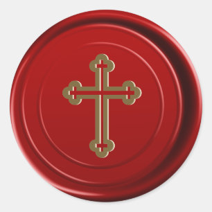 Sticker Rond Enveloppe de cire rouge Sceau Croix d'or religieus