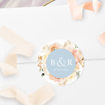 Sticker Rond Enveloppe de Mariage bleu et blanc / Favoriser<br><div class="desc">Elégante enveloppe mariage monogrammée sceau ou préférez autocollant avec de magnifiques détails aquarelle florale dans un magnifique mélange de teintes pêche, orange, rose rousse, crème et champagne. Centre en bleu poussiéreux avec initiales et deuxième ligne de texte en blanc. Deux options de taille et plusieurs options de forme à choisir....</div>
