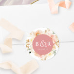Sticker Rond Enveloppe de Mariage de broche et de corail / Favo<br><div class="desc">Elégante enveloppe mariage monogrammée sceau ou préférez autocollant avec de magnifiques détails aquarelle florale dans un magnifique mélange de pêche, orange, rose rousse, corail, crème et champagne teintes. Centre en corail avec initiales et deuxième ligne de texte en blanc. Deux options de taille et plusieurs options de forme à choisir....</div>