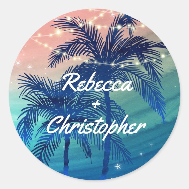 Sticker Rond Enveloppe de mariage de plage | Palmiers tropicaux (Devant)