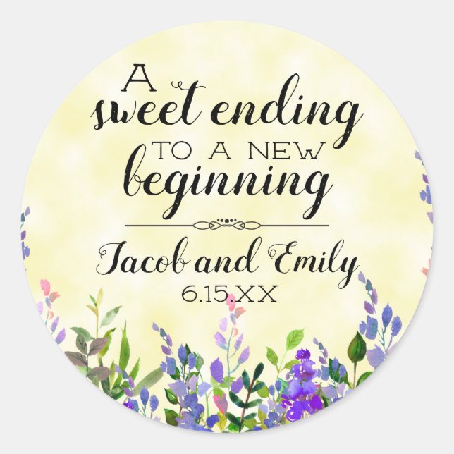 Sticker Rond Enveloppe de mariage fleurie jaune de lavande Fave (Devant)