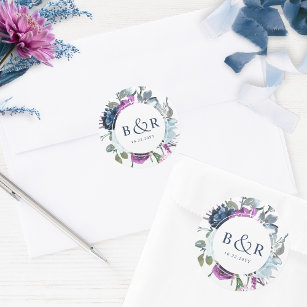 Sticker Rond Enveloppe de Mariage Floral violet et bleu / Favor