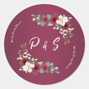 Sticker Rond Enveloppe de mariage florale élégante bordeaux et 