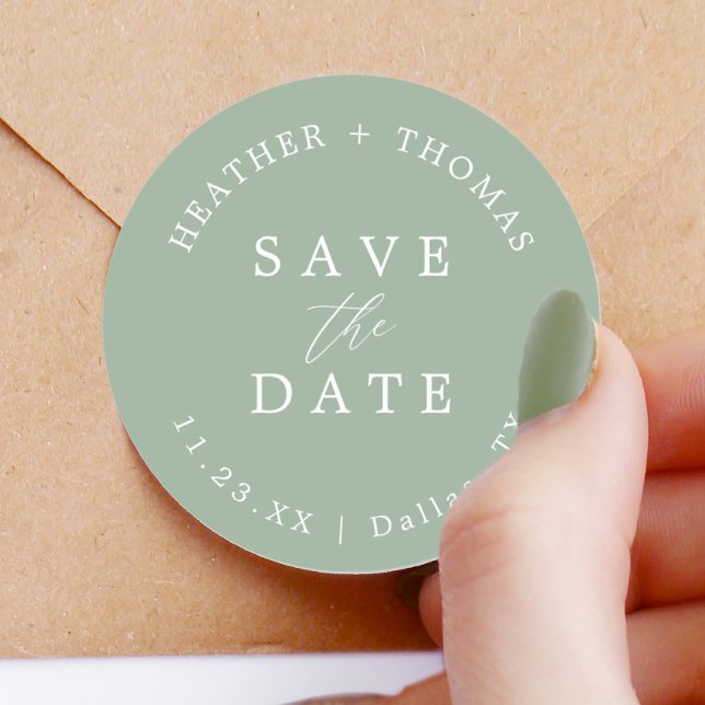 Sticker Rond Enveloppe de mariage vert sauge Save The Date (Créateur téléchargé)
