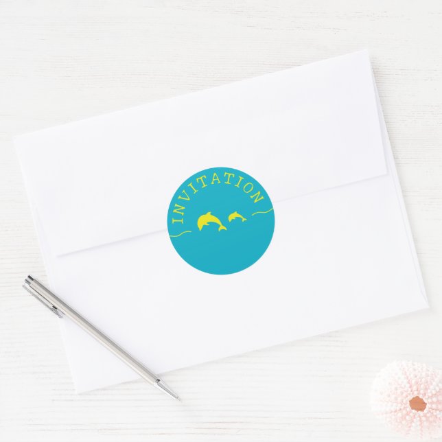 Sticker Rond Enveloppe Dolphins Turquoise & Jaune Invitation Sc (Enveloppe)