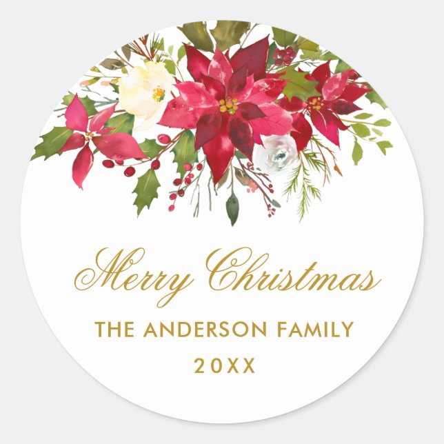 Sticker Rond Enveloppe en or de Noël fleuri Poinsettia (Devant)