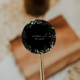 Sticker Rond Enveloppe Mariage botanique noir et or