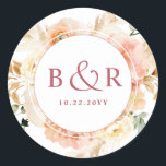 Sticker Rond Enveloppe Mariage Bourgogne / Favoriser<br><div class="desc">Elégante enveloppe mariage monogrammée sceau ou préférez autocollant avec de magnifiques détails aquarelle florale dans un magnifique mélange de teintes pêche, orange, rose rousse, crème et champagne. Centre en blanc avec initiales et deuxième ligne de texte en bordeaux. Deux options de taille et plusieurs options de forme à choisir. La...</div>