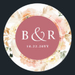 Sticker Rond Enveloppe Mariage brun et bordeaux / Favoriser<br><div class="desc">Elégante enveloppe mariage monogrammée sceau ou préférez autocollant avec de magnifiques détails aquarelle florale dans un magnifique mélange de teintes pêche, orange, rose rousse, crème et champagne. Centre en Bourgogne avec initiales et deuxième ligne de texte en blanc. Deux options de taille et plusieurs options de forme à choisir. La...</div>