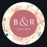 Sticker Rond Enveloppe Mariage brun et bordeaux / Favoriser<br><div class="desc">Elégante enveloppe mariage monogrammée sceau ou préférez autocollant avec de magnifiques détails aquarelle florale dans un magnifique mélange de teintes pêche, orange, rose rousse, crème et champagne. Centre en Bourgogne avec initiales et deuxième ligne de texte en blanc. Deux options de taille et plusieurs options de forme à choisir. La...</div>