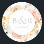 Sticker Rond Enveloppe Mariage de type Peach, Blush with Sage /<br><div class="desc">Elégante enveloppe mariage monogrammée sceau ou préférez autocollant avec de magnifiques détails aquarelle florale dans un magnifique mélange de teintes pêche, orange, rose rousse, crème et champagne. Centrer en blanc avec initiales et deuxième ligne de texte en vert sage. Deux options de taille et plusieurs options de forme à choisir....</div>
