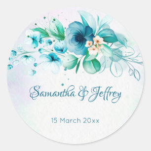Sticker Rond Enveloppe mariage fleurie turquoise bleue