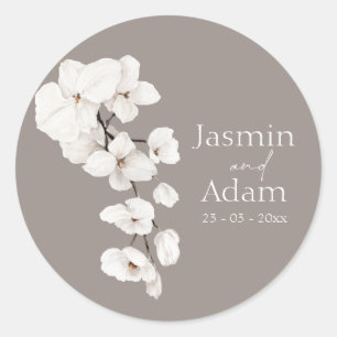 Sticker Rond Enveloppe Mariage moderne Gris Blanc Orchidée