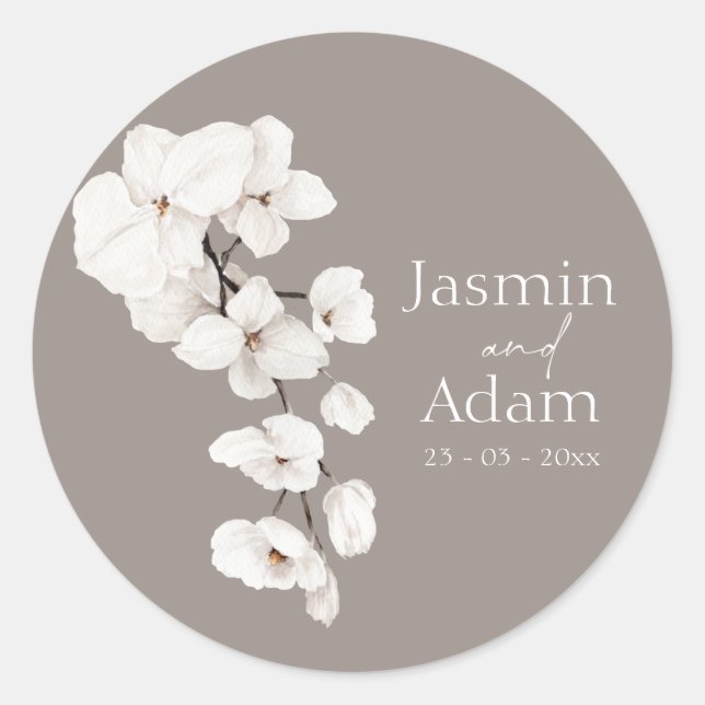 Sticker Rond Enveloppe Mariage moderne Gris Blanc Orchidée (Devant)
