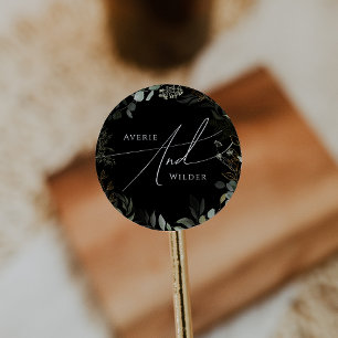 Sticker Rond Enveloppe Mariage noir et or vert