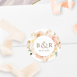 Sticker Rond Enveloppe Mariage Peach, Blush et Gold / Favoriser<br><div class="desc">Elégante enveloppe mariage monogrammée sceau ou préférez autocollant avec de magnifiques détails aquarelle florale dans un magnifique mélange de teintes pêche, orange, rose rousse, crème et champagne. Centre en blanc avec initiales et deuxième ligne de texte en teintes dorées. Deux options de taille et plusieurs options de forme à choisir....</div>